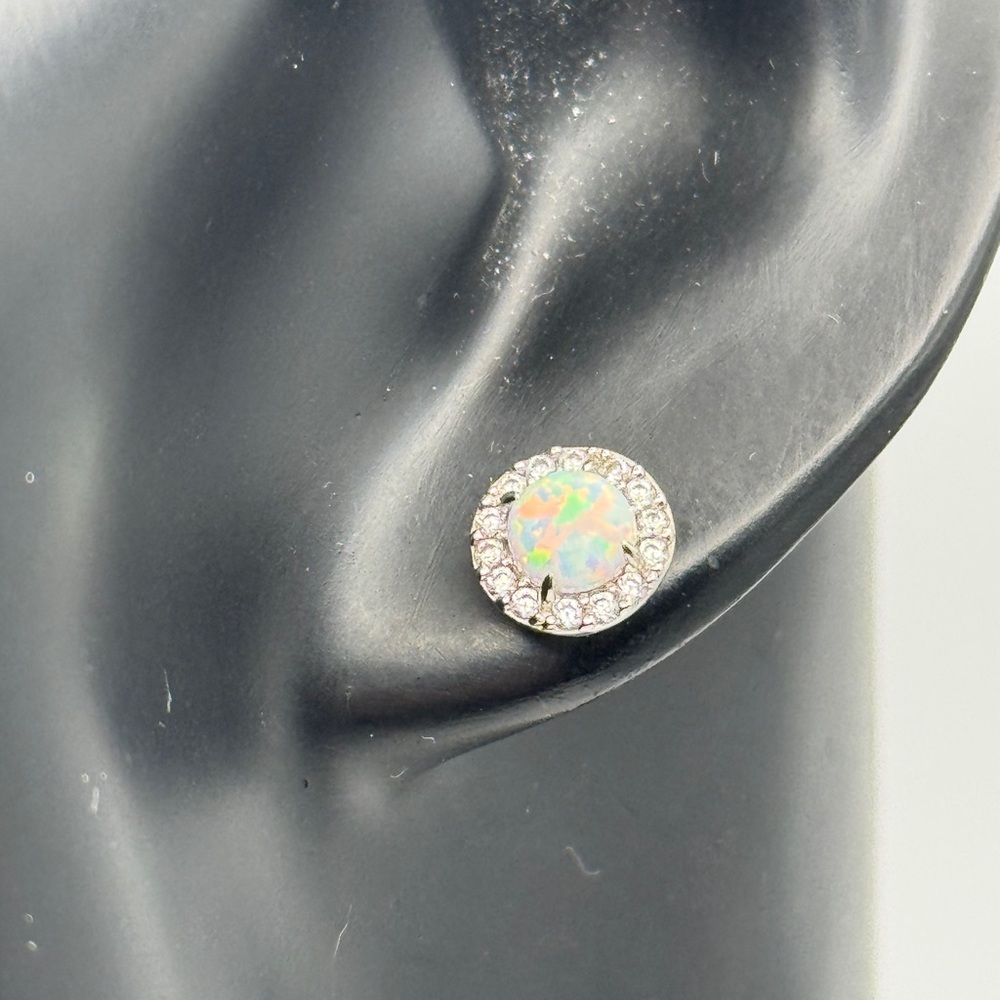 Round Opal / CZ Sterling Silver Stud Earrings